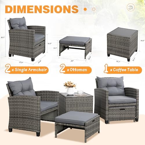 Compact Gray Rattan Ottoman Chat Set